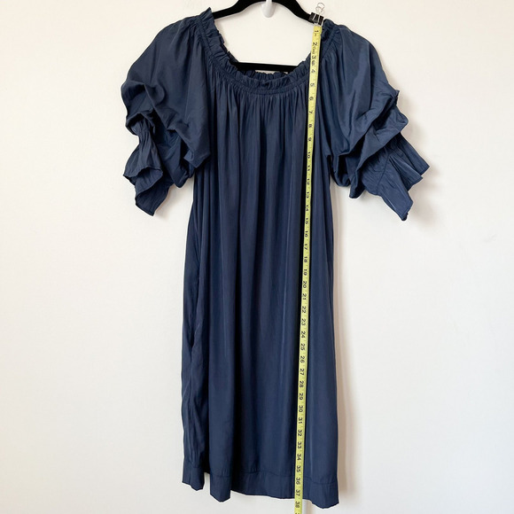 Mersea Tulum Ruffle Mini Dress Navy Blue Womens Small Pockets Off Shoulder - Picture 8 of 12